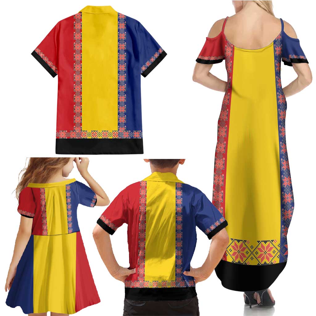 Romania National Flag Day 26th June Family Matching Summer Maxi Dress and Hawaiian Shirt Red Traditional Embroidery Patterns