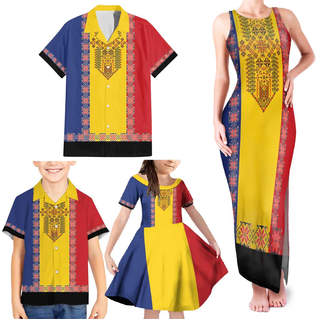 Romania National Flag Day 26th June Family Matching Tank Maxi Dress and Hawaiian Shirt Red Traditional Embroidery Patterns