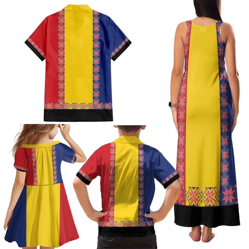 Romania National Flag Day 26th June Family Matching Tank Maxi Dress and Hawaiian Shirt Red Traditional Embroidery Patterns