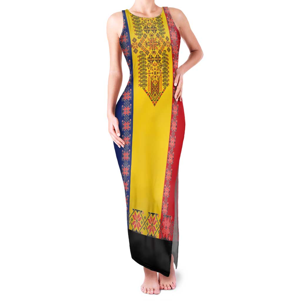 Romania National Flag Day 26th June Family Matching Tank Maxi Dress and Hawaiian Shirt Red Traditional Embroidery Patterns