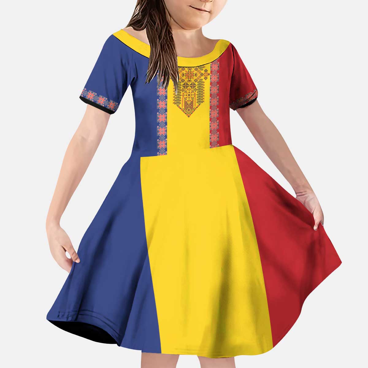 Romania National Flag Day 26th June Kid Short Sleeve Dress Red Traditional Embroidery Patterns