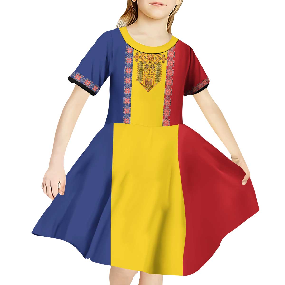 Romania National Flag Day 26th June Kid Short Sleeve Dress Red Traditional Embroidery Patterns