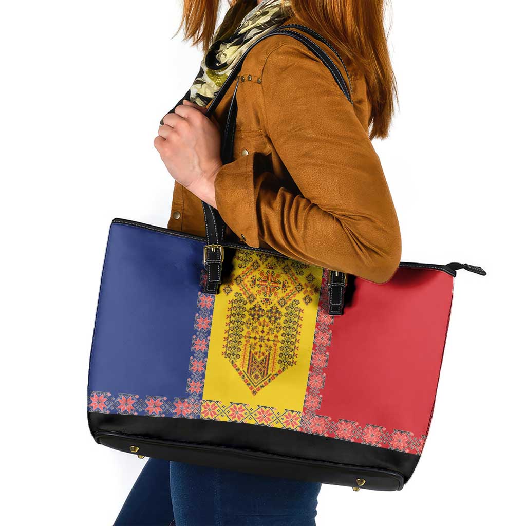 Romania National Flag Day 26th June Leather Tote Bag Red Traditional Embroidery Patterns