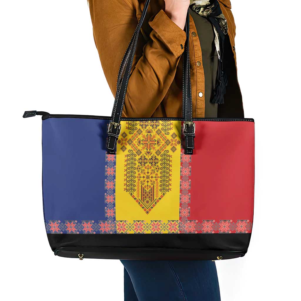 Romania National Flag Day 26th June Leather Tote Bag Red Traditional Embroidery Patterns