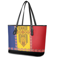Romania National Flag Day 26th June Leather Tote Bag Red Traditional Embroidery Patterns