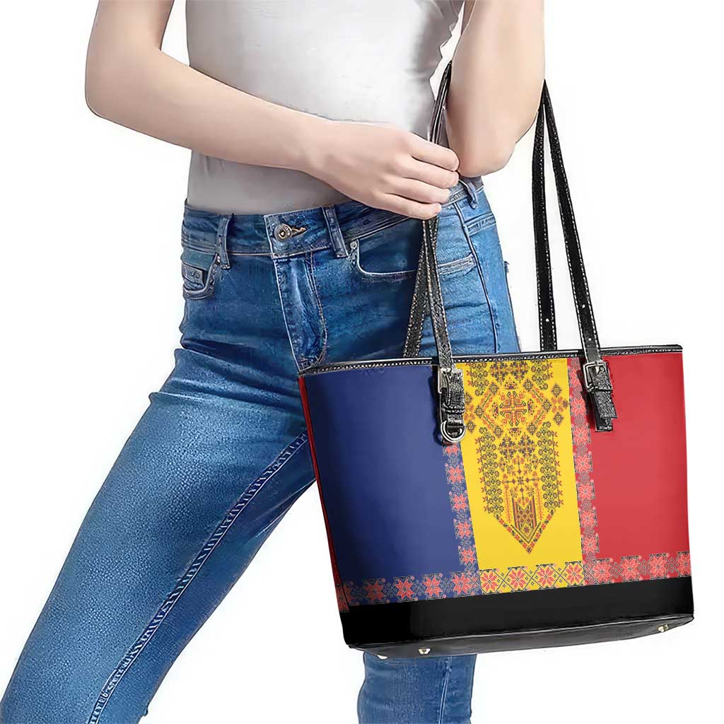 Romania National Flag Day 26th June Leather Tote Bag Red Traditional Embroidery Patterns