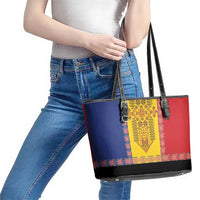 Romania National Flag Day 26th June Leather Tote Bag Red Traditional Embroidery Patterns