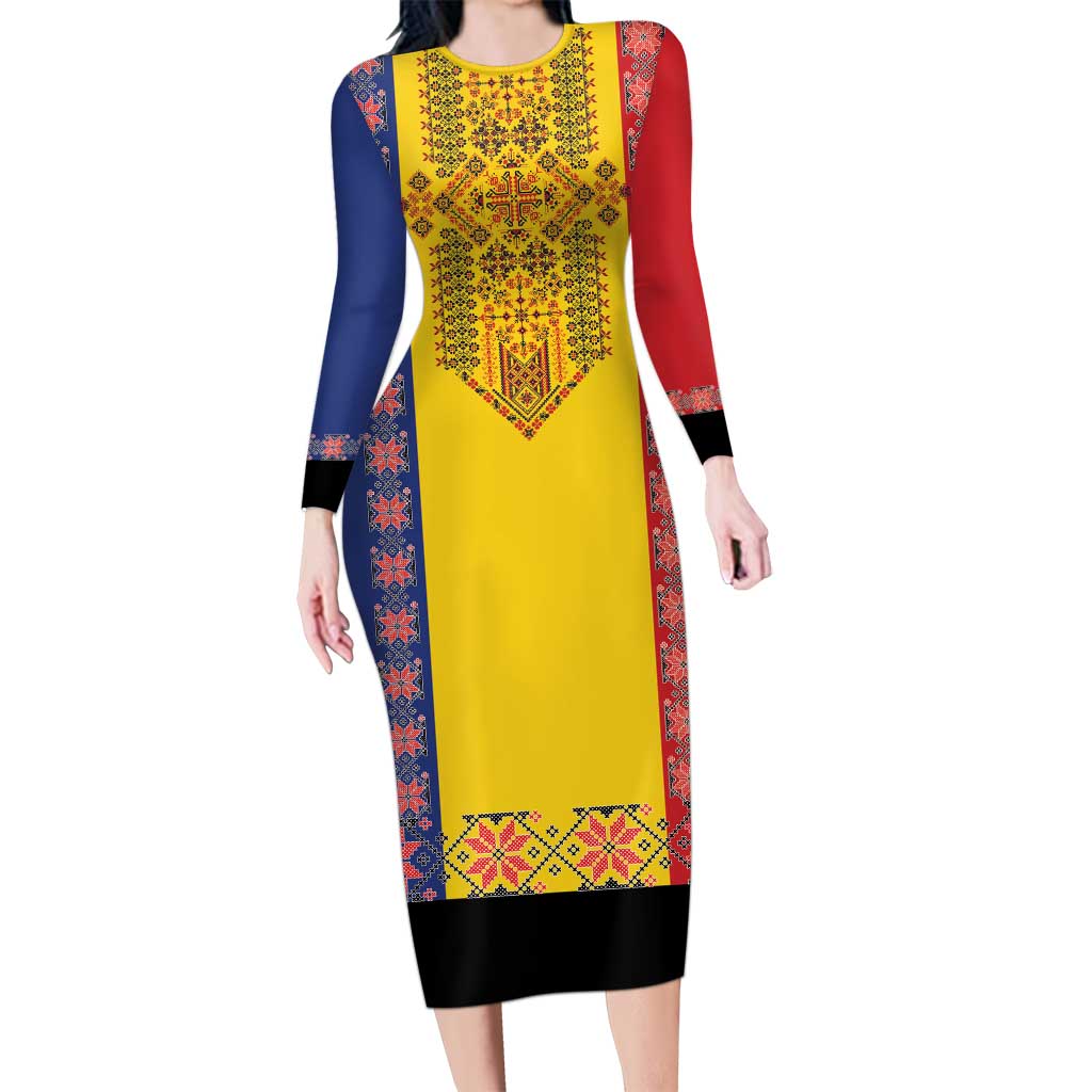 Romania National Flag Day 26th June Long Sleeve Bodycon Dress Red Traditional Embroidery Patterns