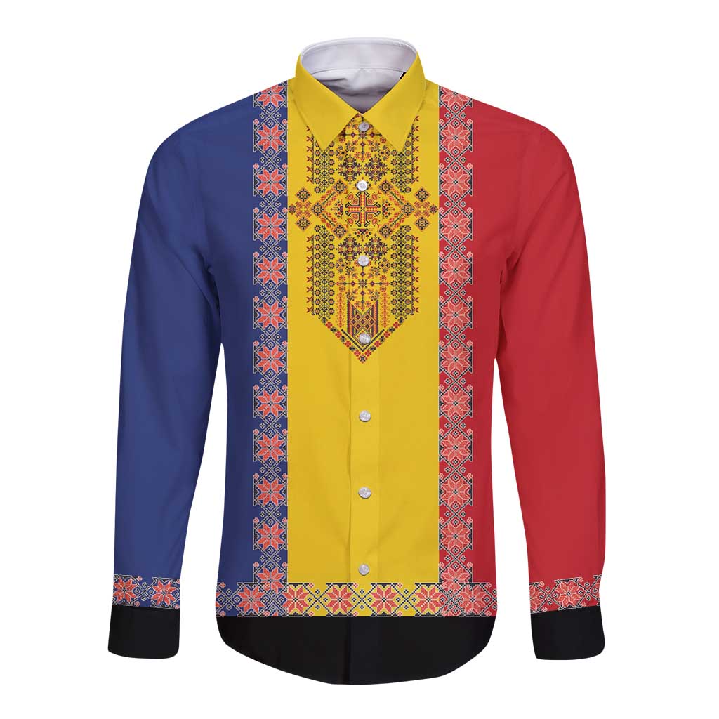 Romania National Flag Day 26th June Long Sleeve Button Shirt Red Traditional Embroidery Patterns