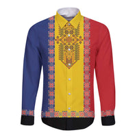 Romania National Flag Day 26th June Long Sleeve Button Shirt Red Traditional Embroidery Patterns