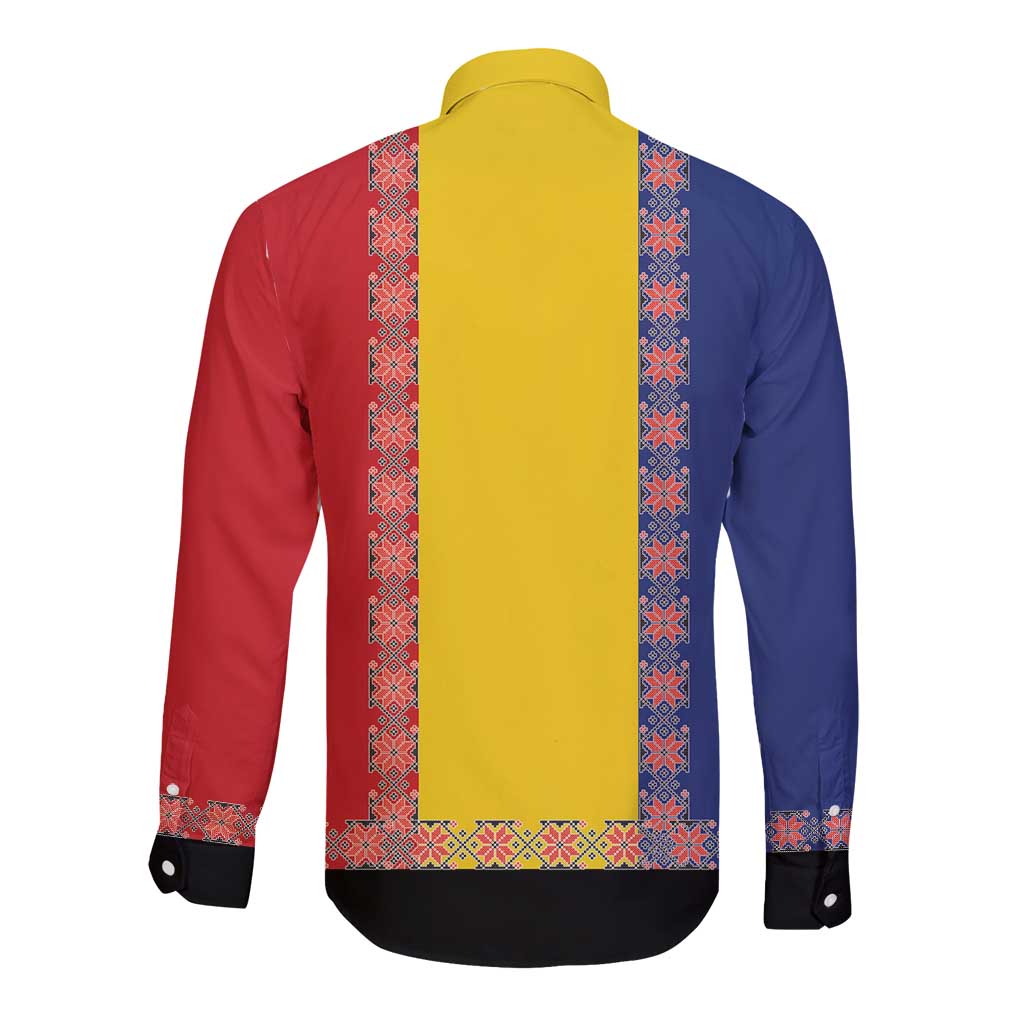 Romania National Flag Day 26th June Long Sleeve Button Shirt Red Traditional Embroidery Patterns