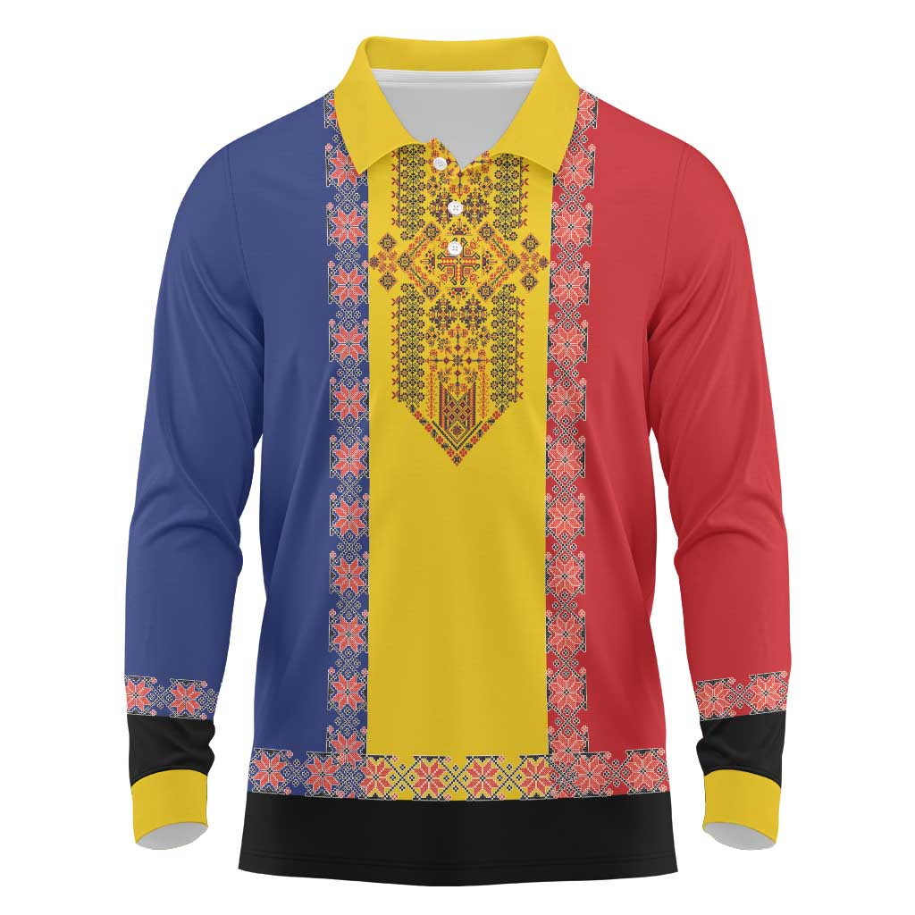 Romania National Flag Day 26th June Long Sleeve Polo Shirt Red Traditional Embroidery Patterns