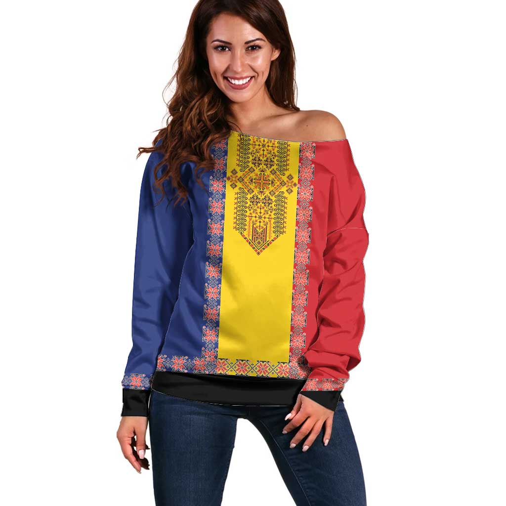 Romania National Flag Day 26th June Off Shoulder Sweater Red Traditional Embroidery Patterns