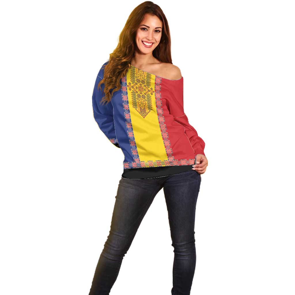 Romania National Flag Day 26th June Off Shoulder Sweater Red Traditional Embroidery Patterns