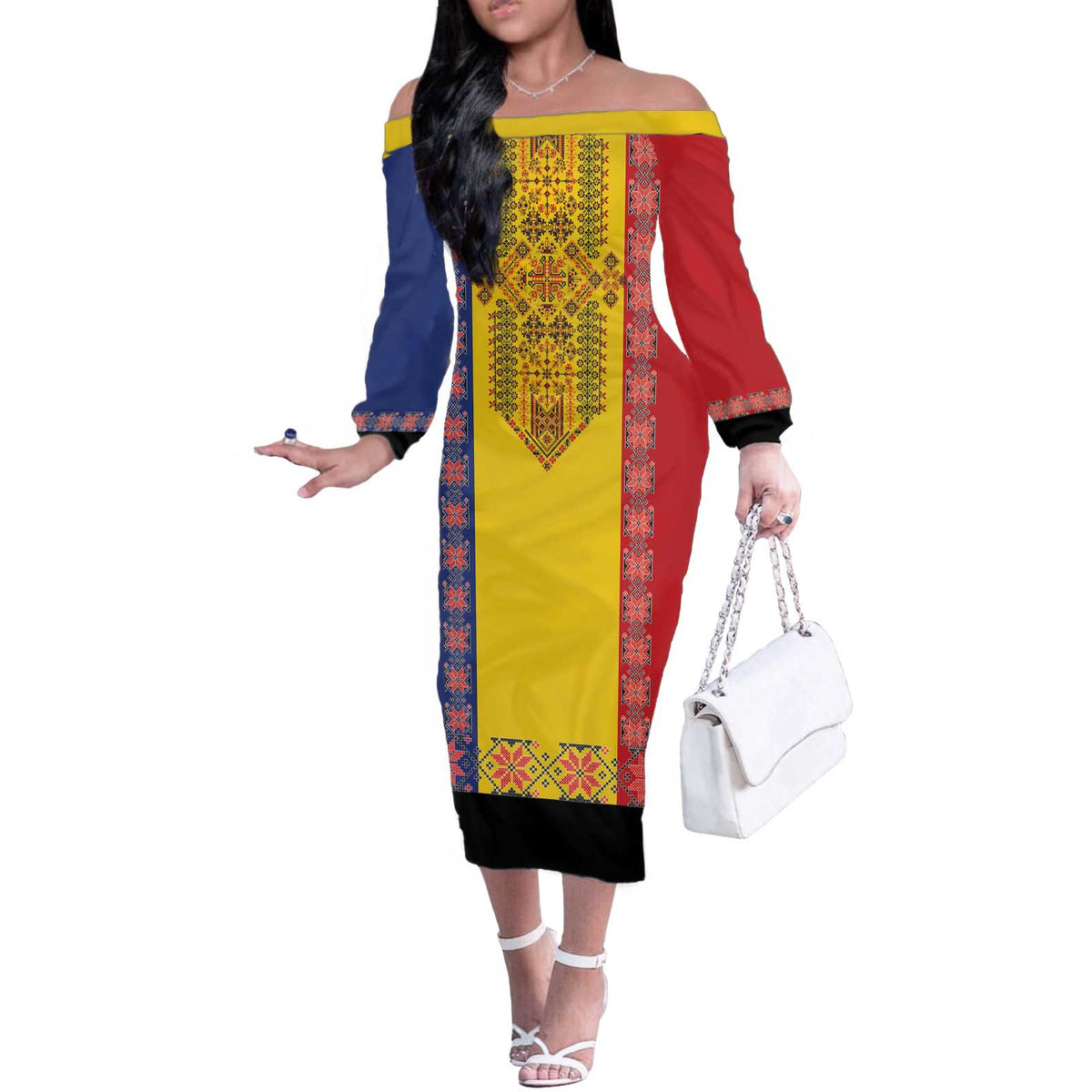 Romania National Flag Day 26th June Off The Shoulder Long Sleeve Dress Red Traditional Embroidery Patterns