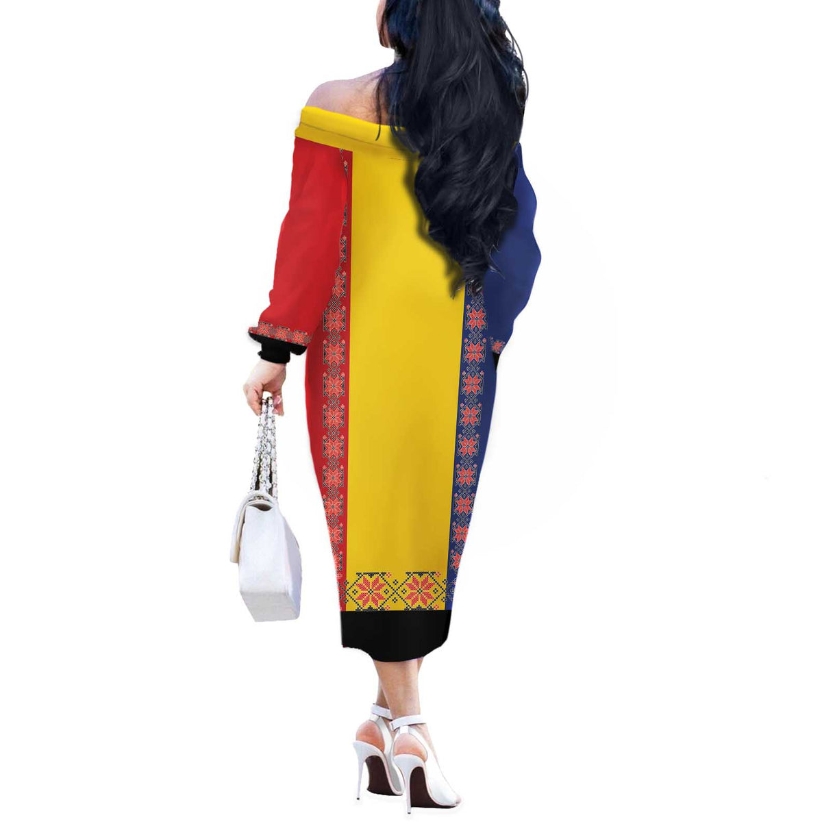Romania National Flag Day 26th June Off The Shoulder Long Sleeve Dress Red Traditional Embroidery Patterns