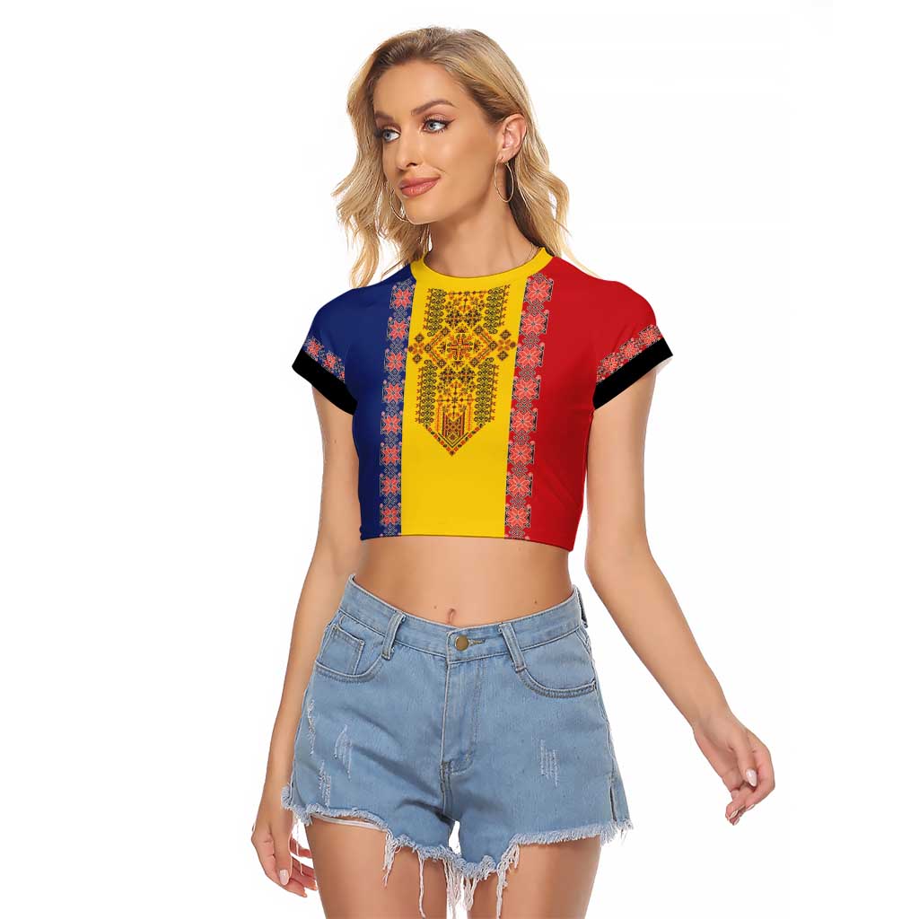 Romania National Flag Day 26th June Raglan Cropped T Shirt Red Traditional Embroidery Patterns