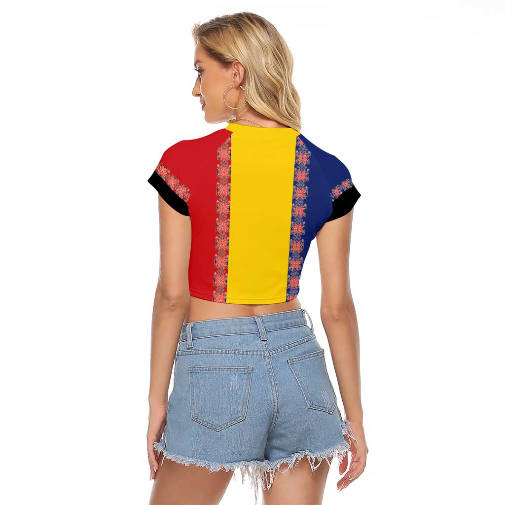 Romania National Flag Day 26th June Raglan Cropped T Shirt Red Traditional Embroidery Patterns