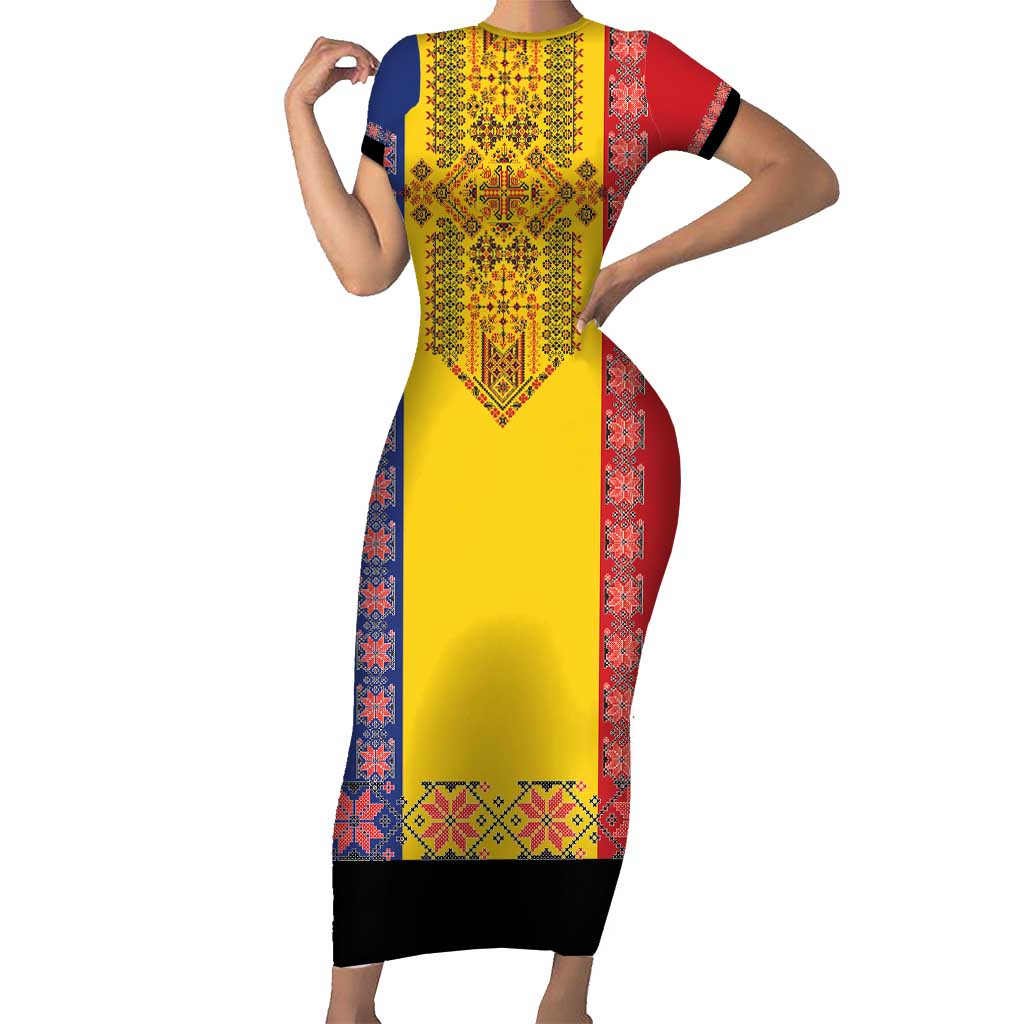 Romania National Flag Day 26th June Short Sleeve Bodycon Dress Red Traditional Embroidery Patterns