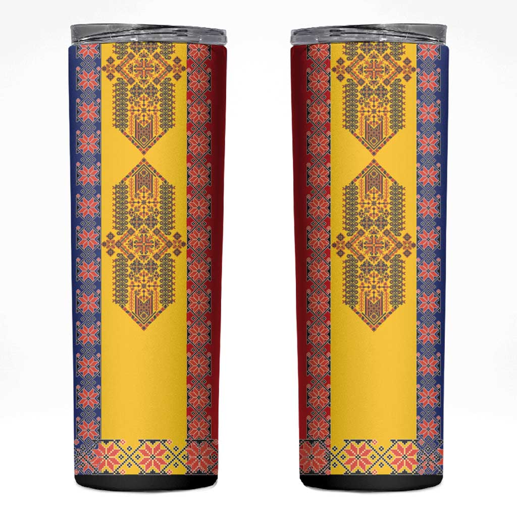 Romania National Flag Day 26th June Skinny Tumbler Red Traditional Embroidery Patterns