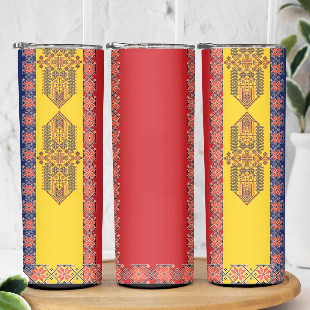Romania National Flag Day 26th June Skinny Tumbler Red Traditional Embroidery Patterns