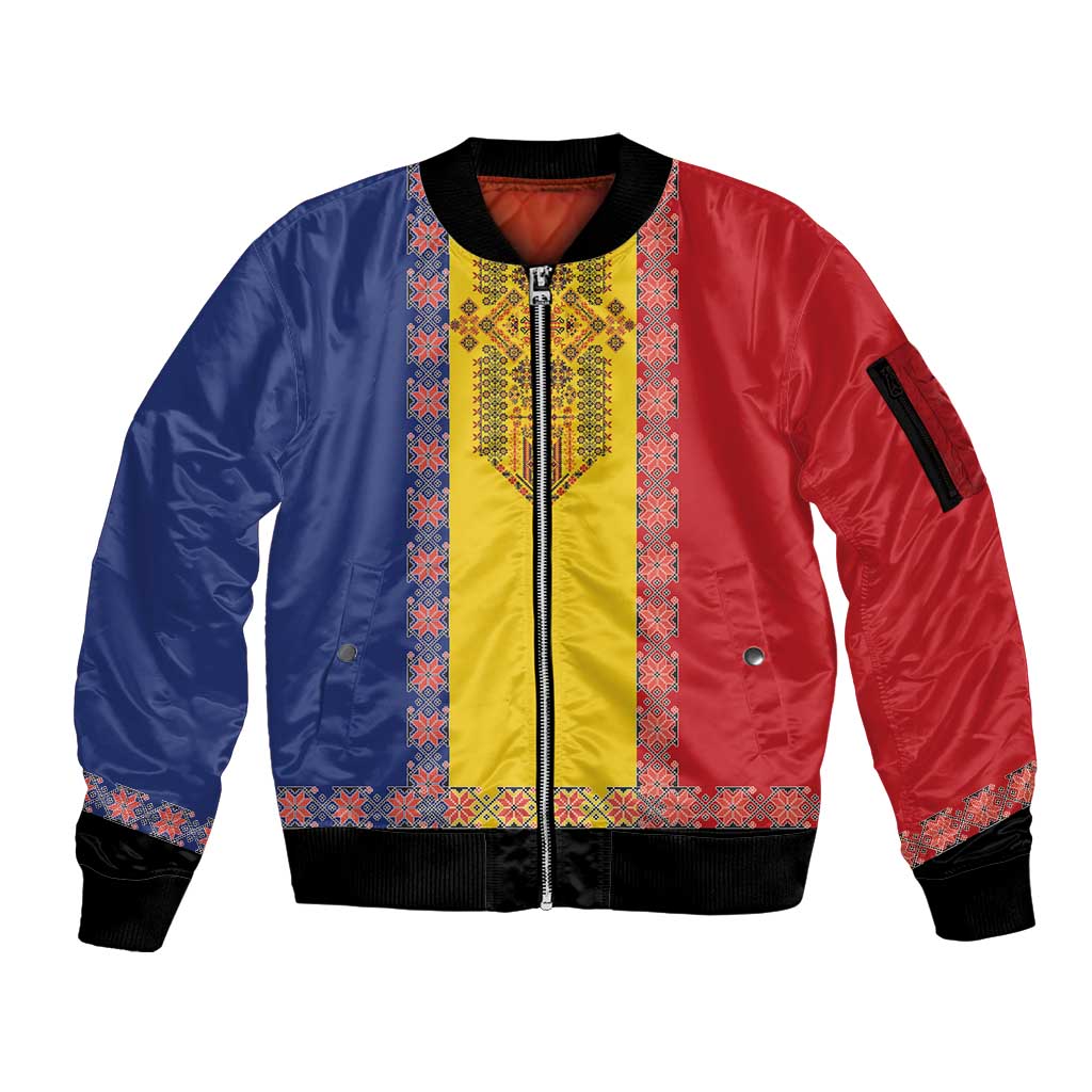 Romania National Flag Day 26th June Sleeve Zip Bomber Jacket Red Traditional Embroidery Patterns