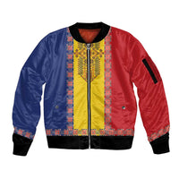 Romania National Flag Day 26th June Sleeve Zip Bomber Jacket Red Traditional Embroidery Patterns