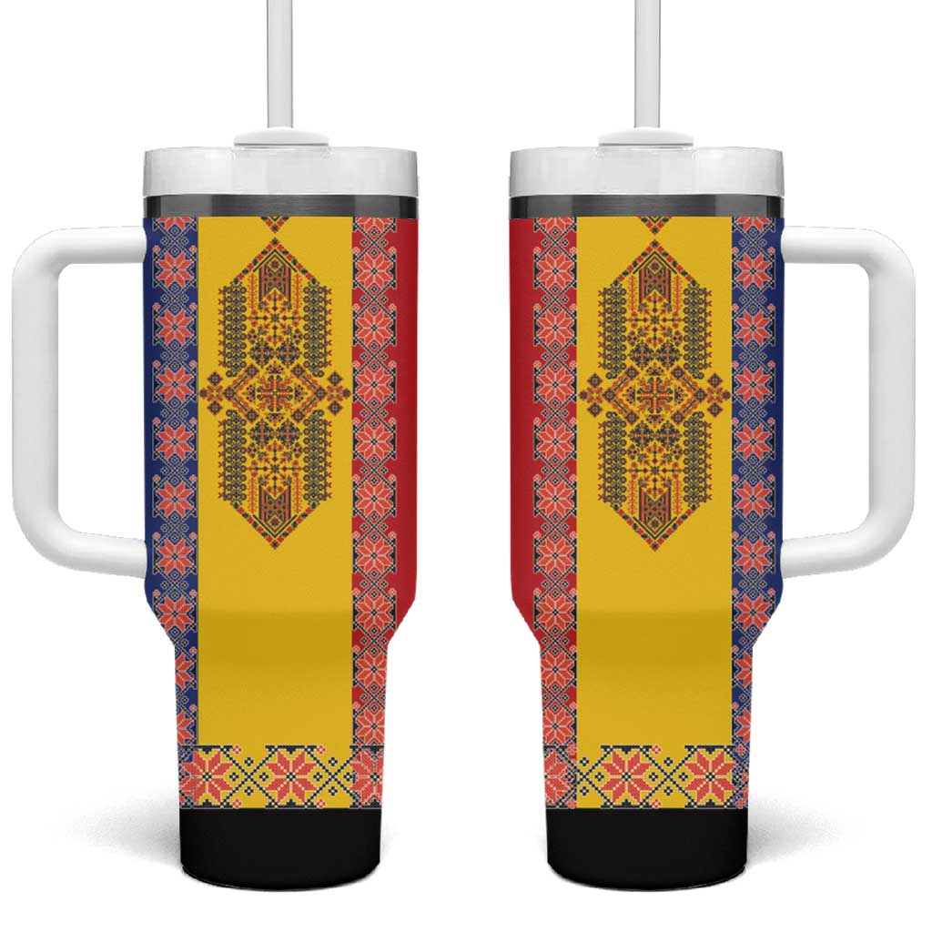 Romania National Flag Day 26th June Tumbler With Handle Red Traditional Embroidery Patterns