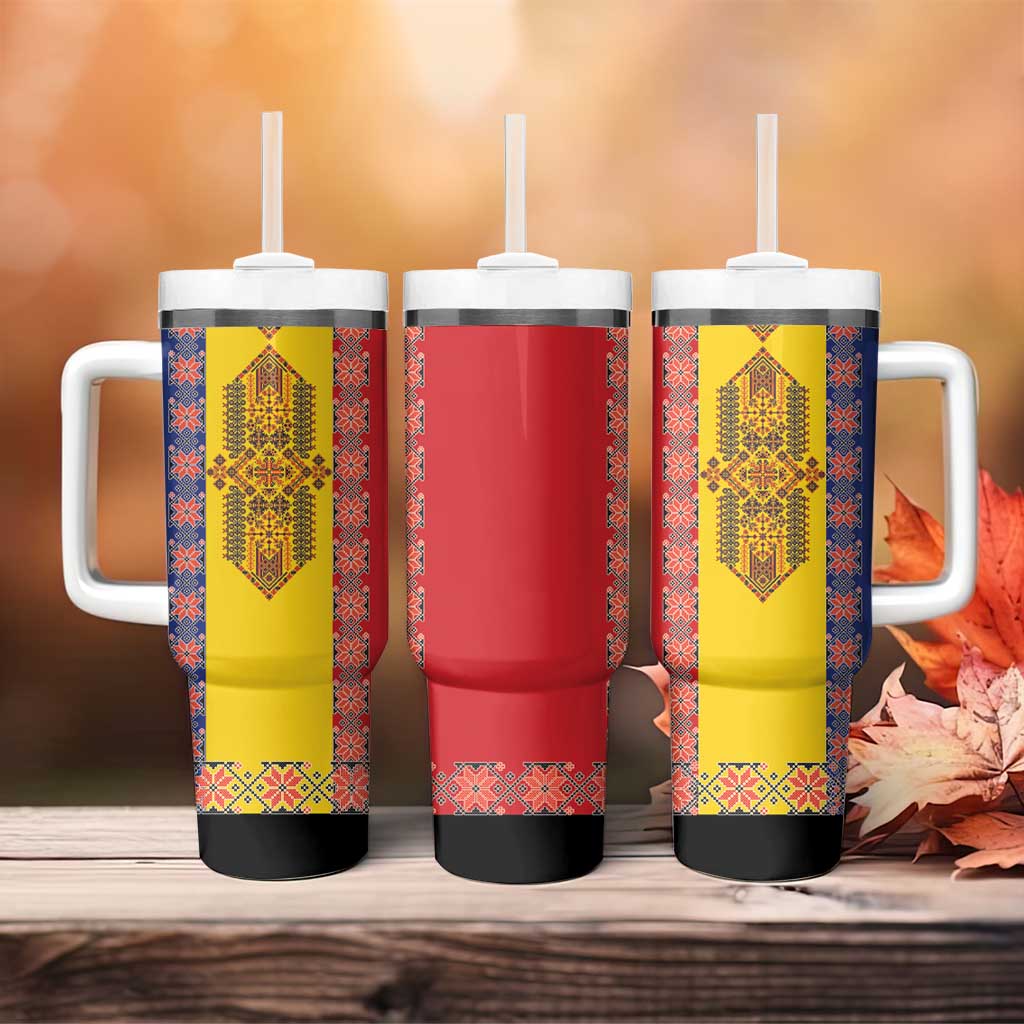 Romania National Flag Day 26th June Tumbler With Handle Red Traditional Embroidery Patterns