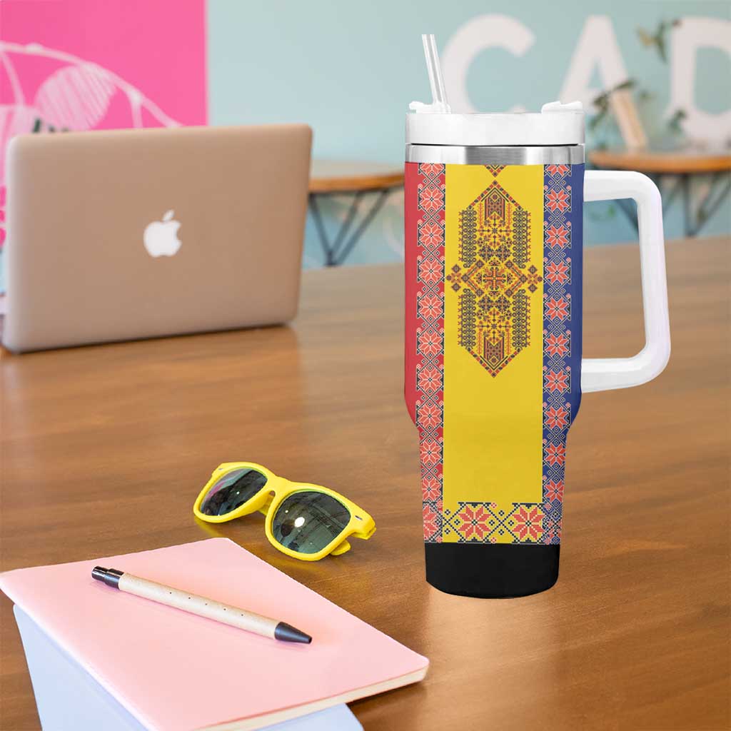 Romania National Flag Day 26th June Tumbler With Handle Red Traditional Embroidery Patterns