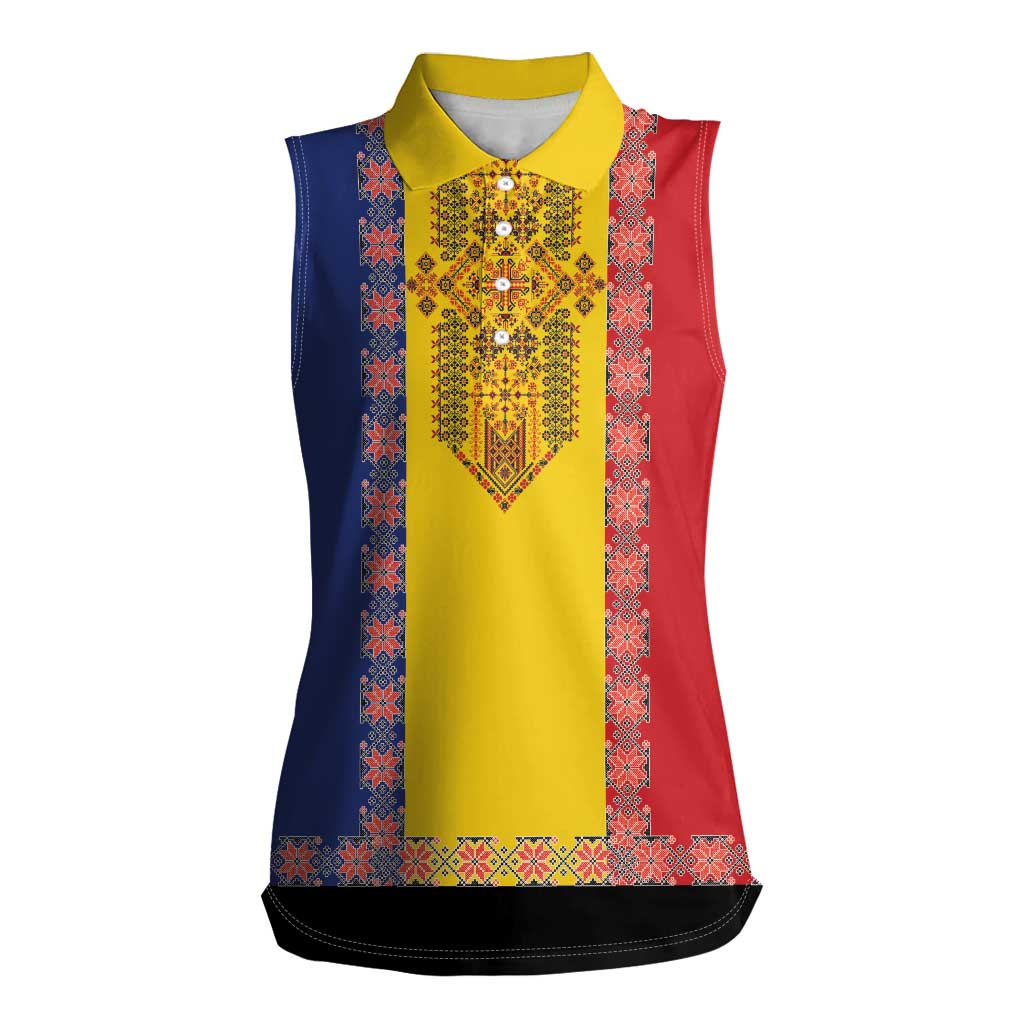 Romania National Flag Day 26th June Women Sleeveless Polo Shirt Red Traditional Embroidery Patterns