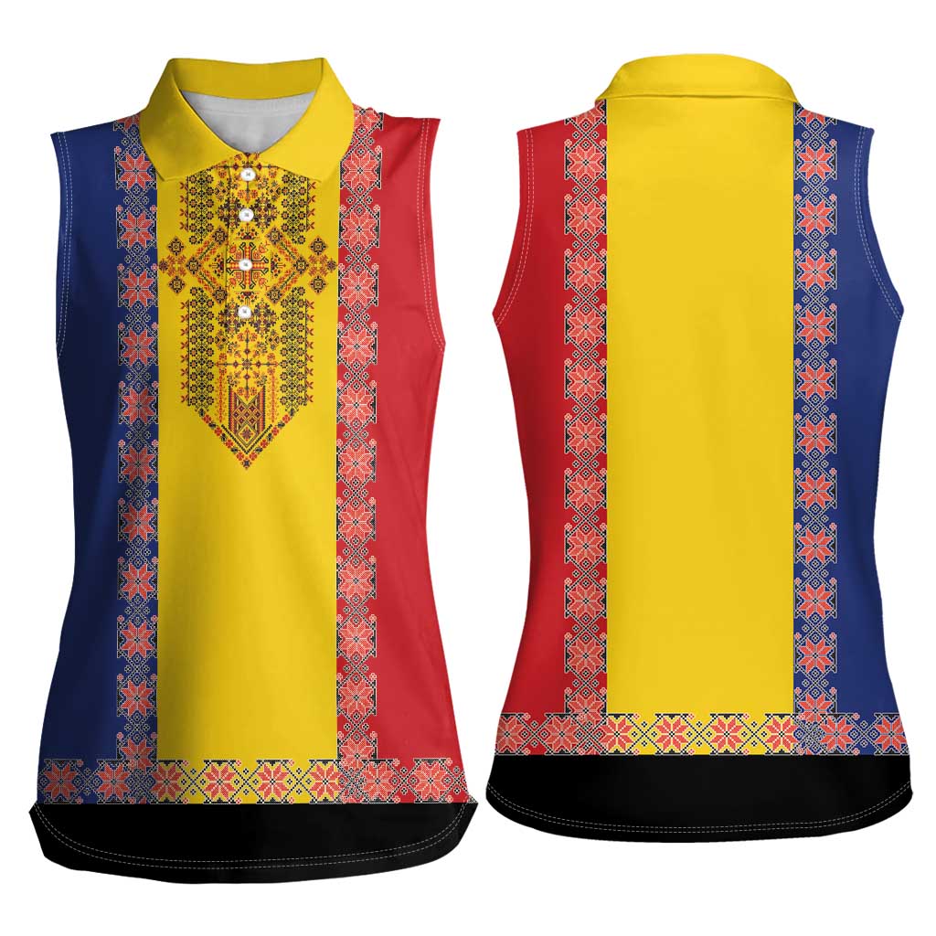 Romania National Flag Day 26th June Women Sleeveless Polo Shirt Red Traditional Embroidery Patterns