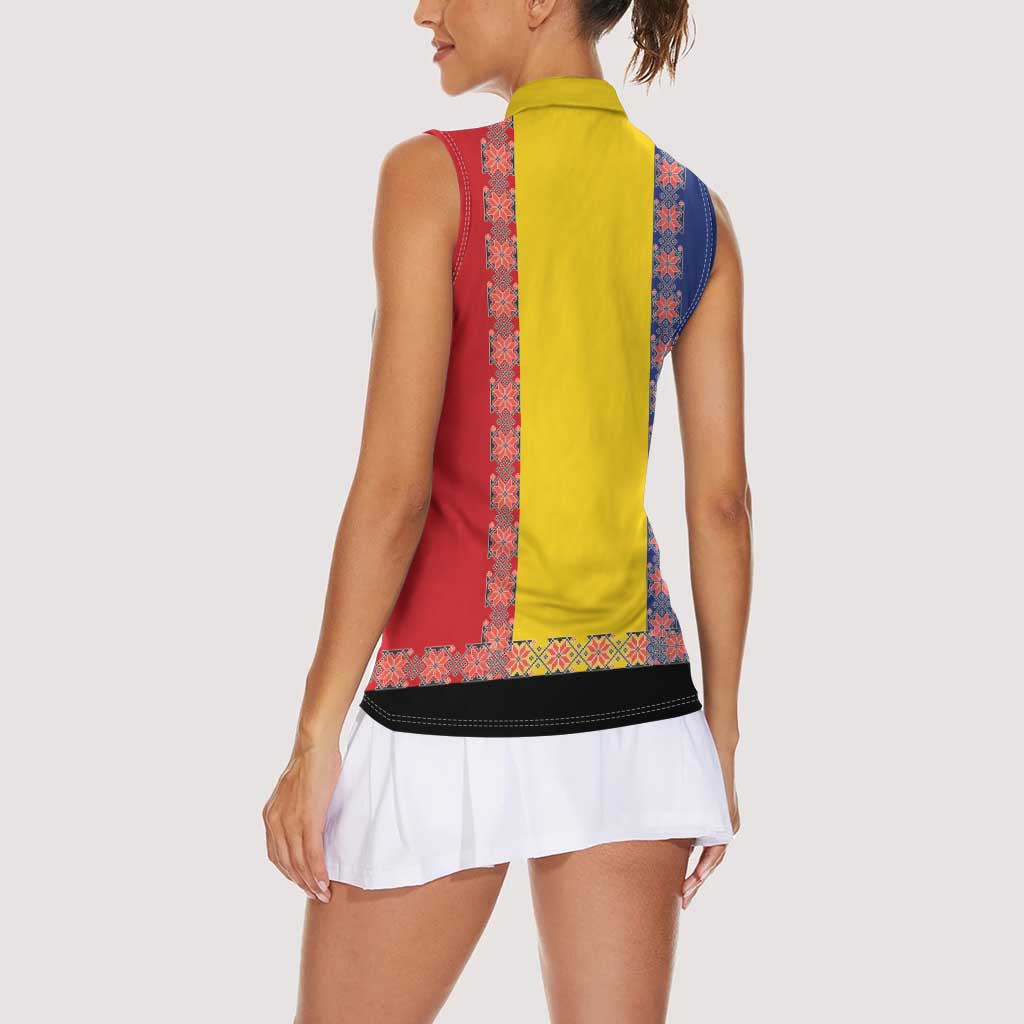 Romania National Flag Day 26th June Women Sleeveless Polo Shirt Red Traditional Embroidery Patterns