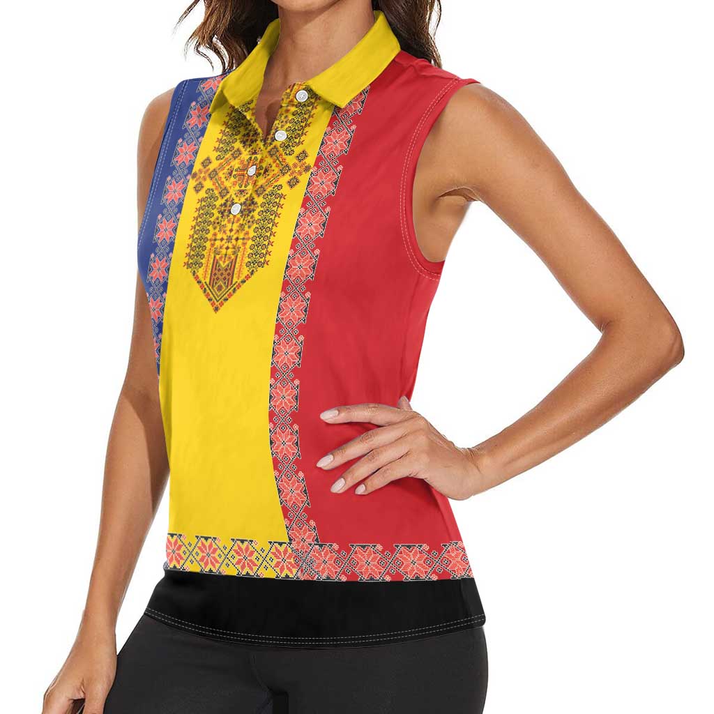 Romania National Flag Day 26th June Women Sleeveless Polo Shirt Red Traditional Embroidery Patterns
