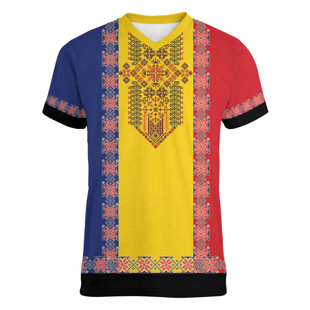 Romania National Flag Day 26th June Women V-Neck T-Shirt Red Traditional Embroidery Patterns