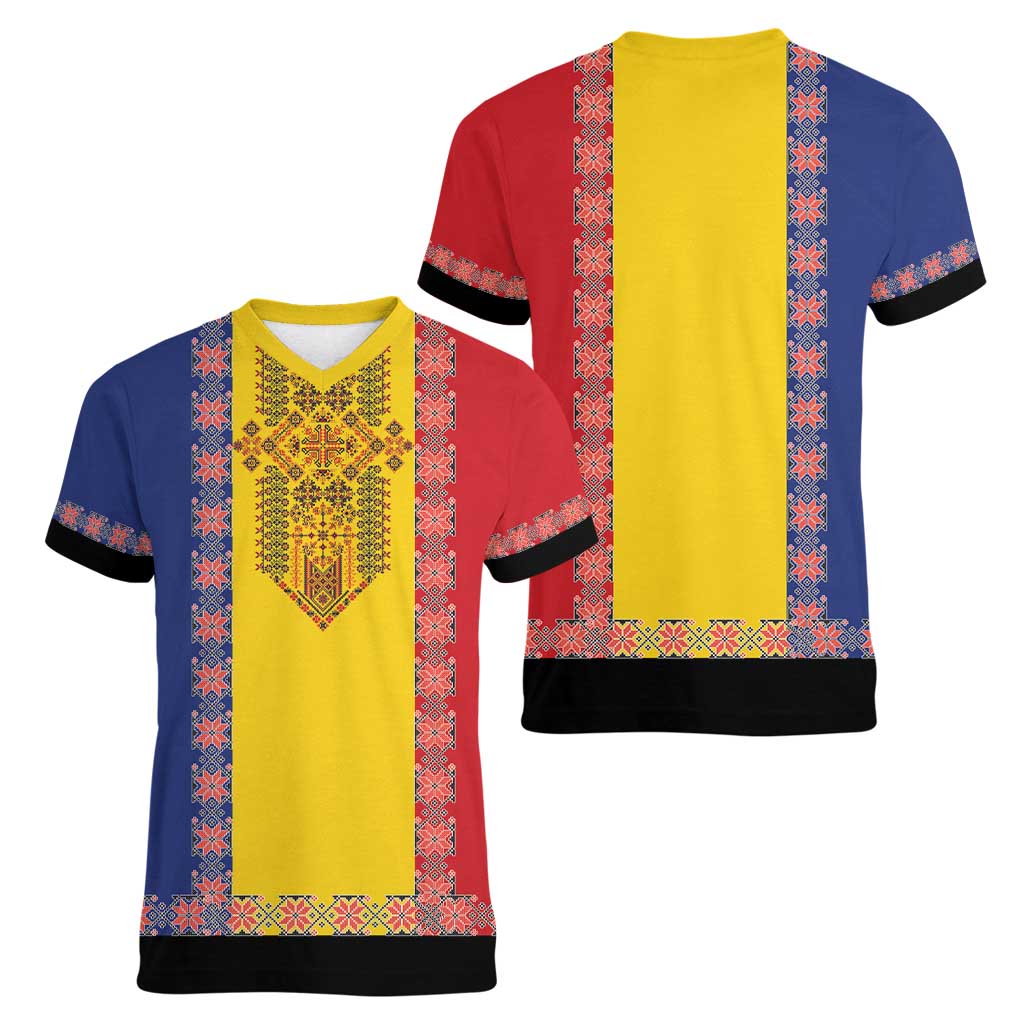 Romania National Flag Day 26th June Women V-Neck T-Shirt Red Traditional Embroidery Patterns