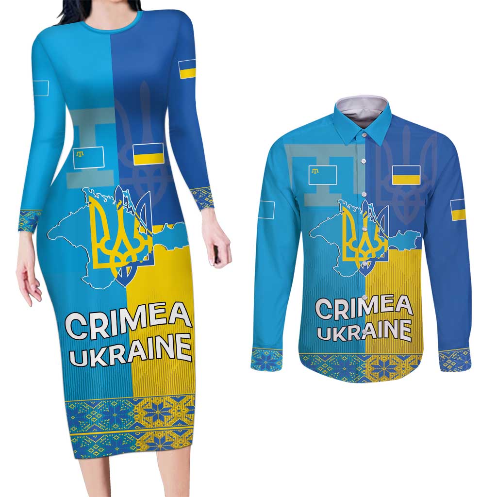 Personalized Crimean Tatar Flag Day Couples Matching Long Sleeve Bodycon Dress and Long Sleeve Button Shirt Ukraine Crimea Map