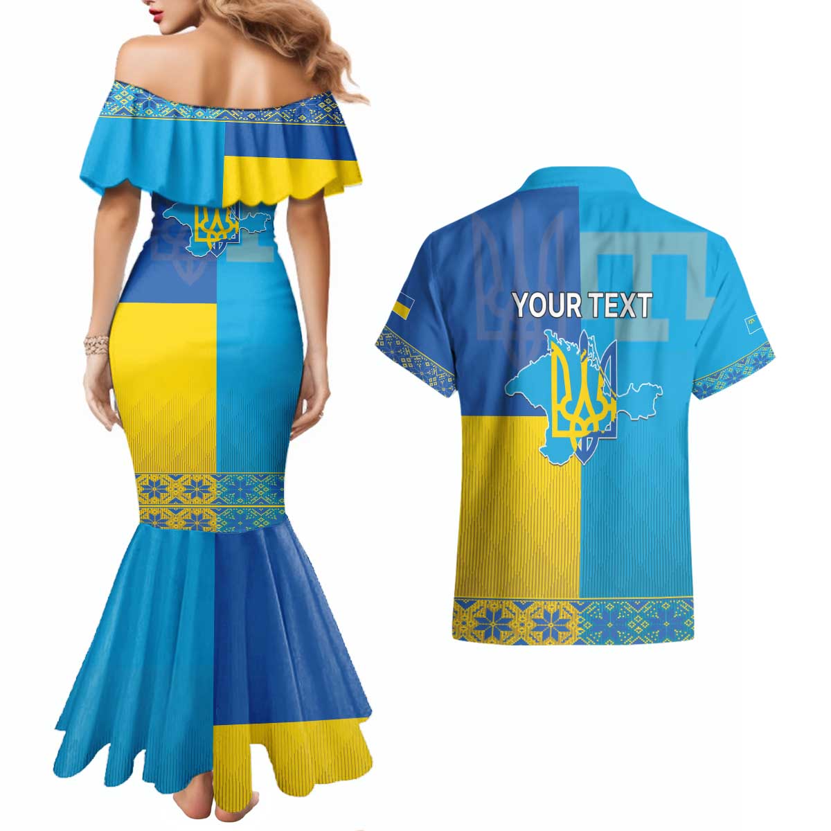 Personalized Crimean Tatar Flag Day Couples Matching Mermaid Dress and Hawaiian Shirt Ukraine Crimea Map