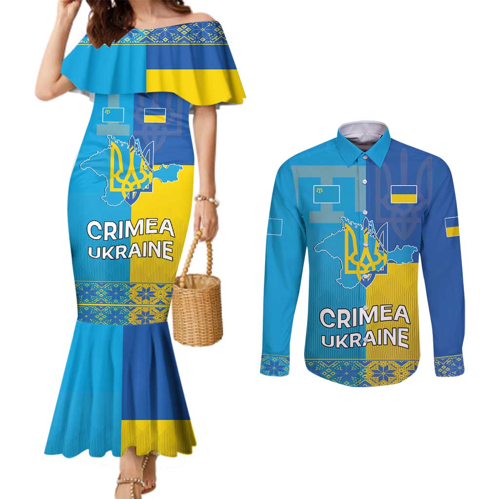 Personalized Crimean Tatar Flag Day Couples Matching Mermaid Dress and Long Sleeve Button Shirt Ukraine Crimea Map