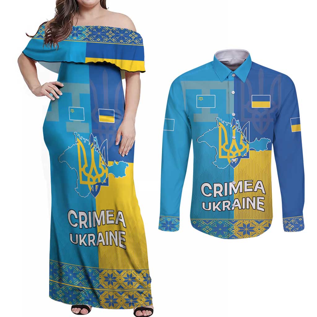 Personalized Crimean Tatar Flag Day Couples Matching Off Shoulder Maxi Dress and Long Sleeve Button Shirt Ukraine Crimea Map