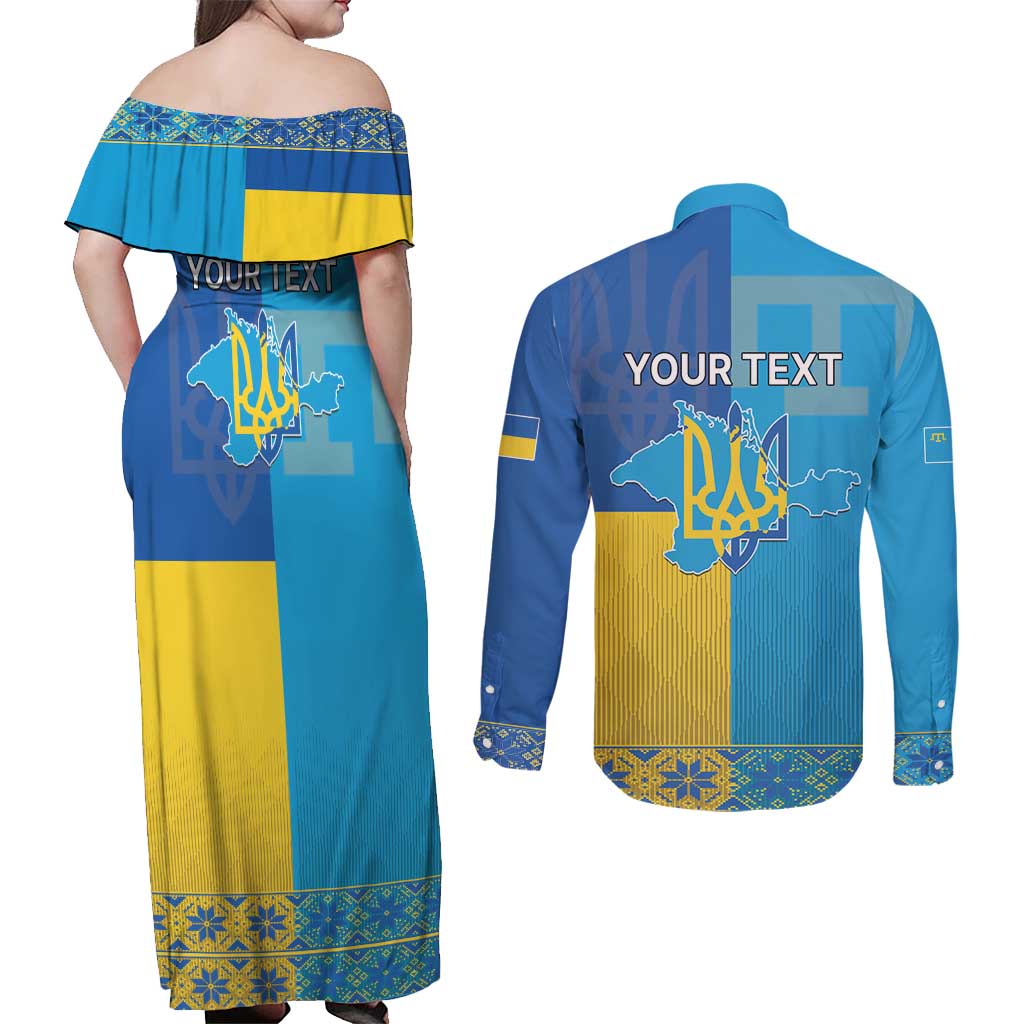 Personalized Crimean Tatar Flag Day Couples Matching Off Shoulder Maxi Dress and Long Sleeve Button Shirt Ukraine Crimea Map