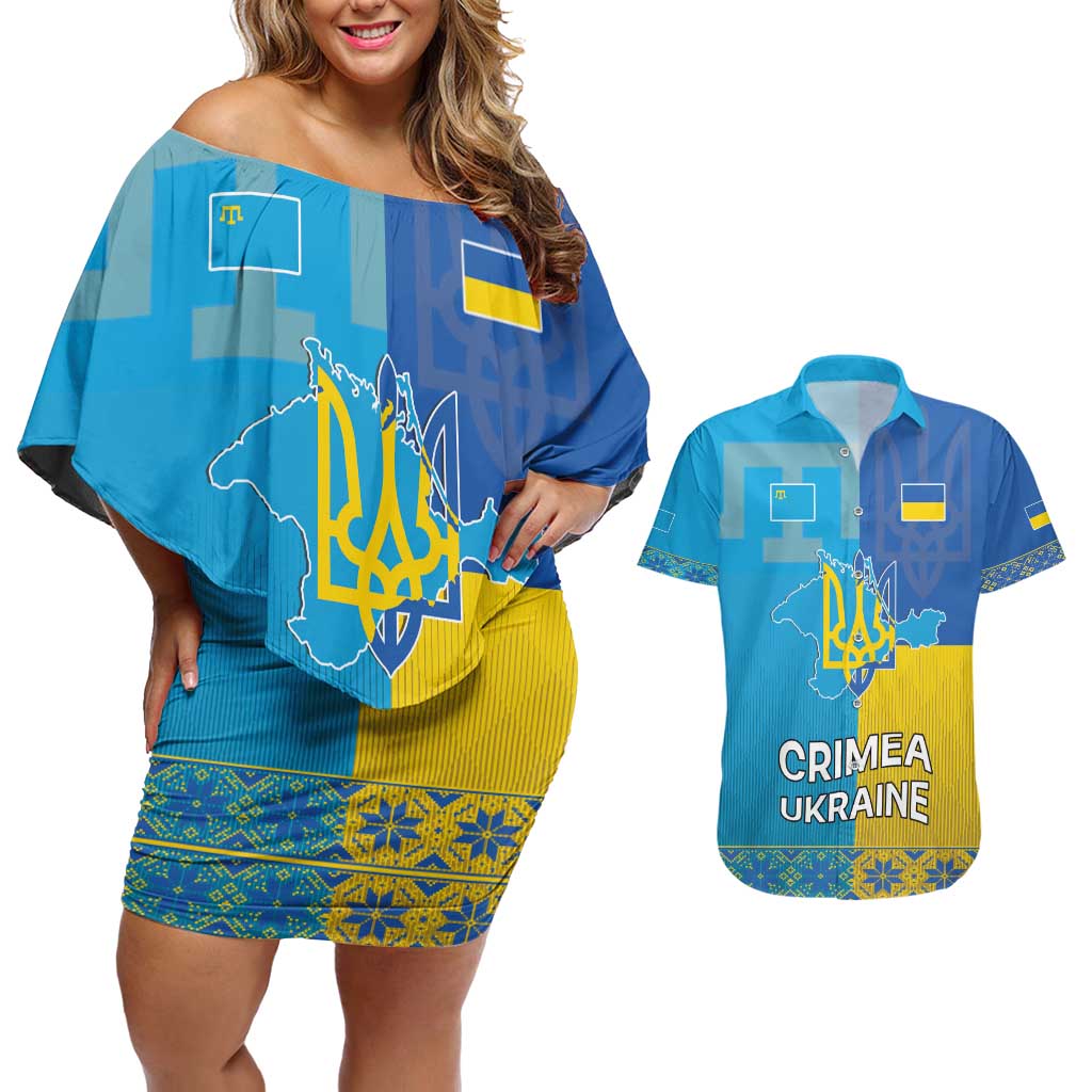 Personalized Crimean Tatar Flag Day Couples Matching Off Shoulder Short Dress and Hawaiian Shirt Ukraine Crimea Map