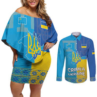 Personalized Crimean Tatar Flag Day Couples Matching Off Shoulder Short Dress and Long Sleeve Button Shirt Ukraine Crimea Map