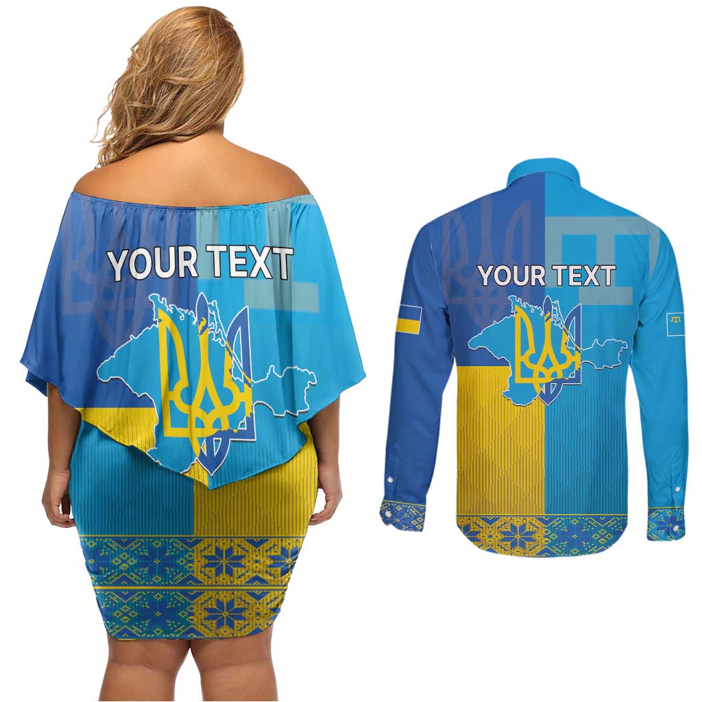 Personalized Crimean Tatar Flag Day Couples Matching Off Shoulder Short Dress and Long Sleeve Button Shirt Ukraine Crimea Map
