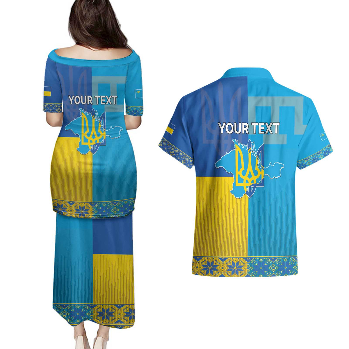 Personalized Crimean Tatar Flag Day Couples Matching Puletasi and Hawaiian Shirt Ukraine Crimea Map