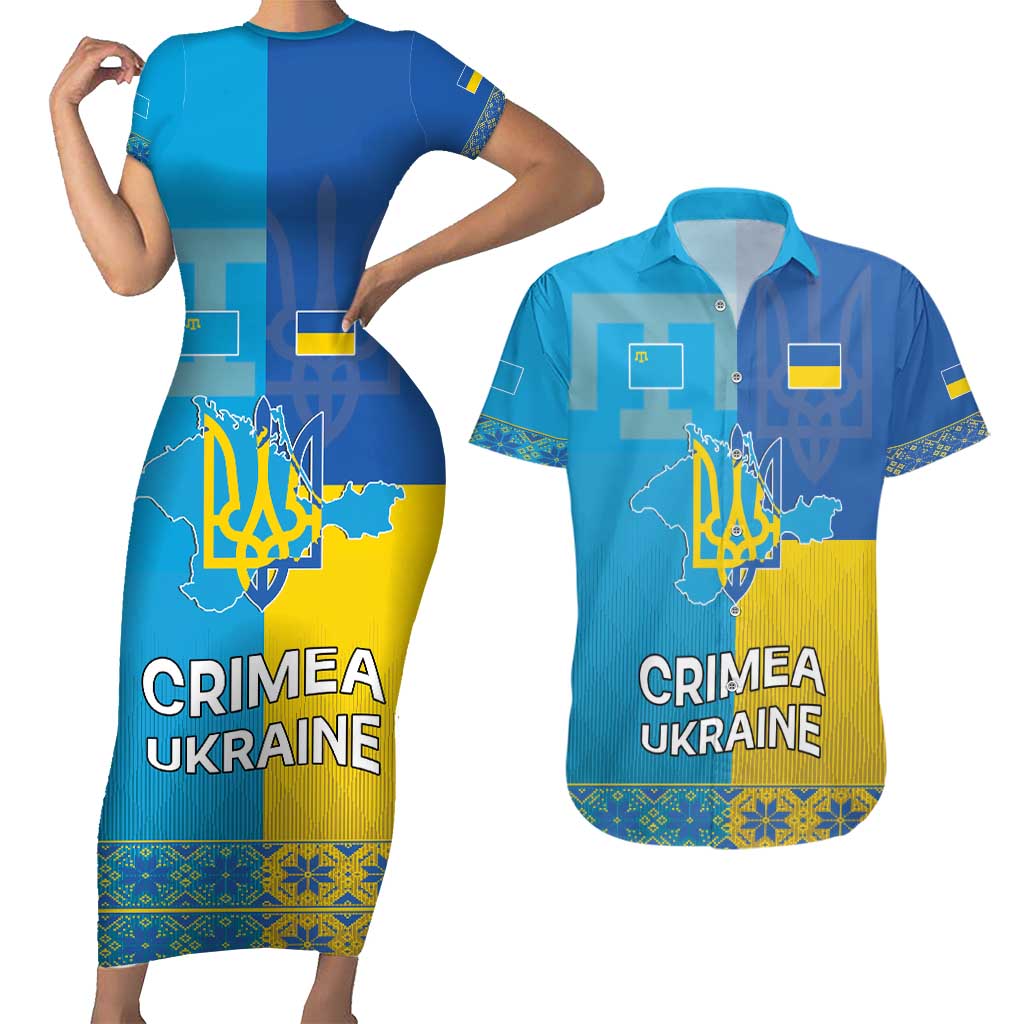 Personalized Crimean Tatar Flag Day Couples Matching Short Sleeve Bodycon Dress and Hawaiian Shirt Ukraine Crimea Map