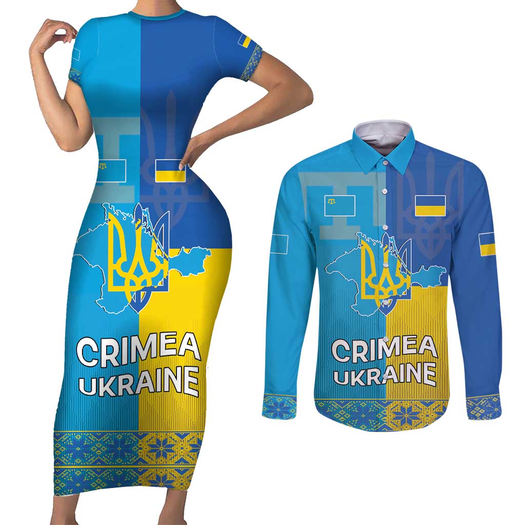 Personalized Crimean Tatar Flag Day Couples Matching Short Sleeve Bodycon Dress and Long Sleeve Button Shirt Ukraine Crimea Map