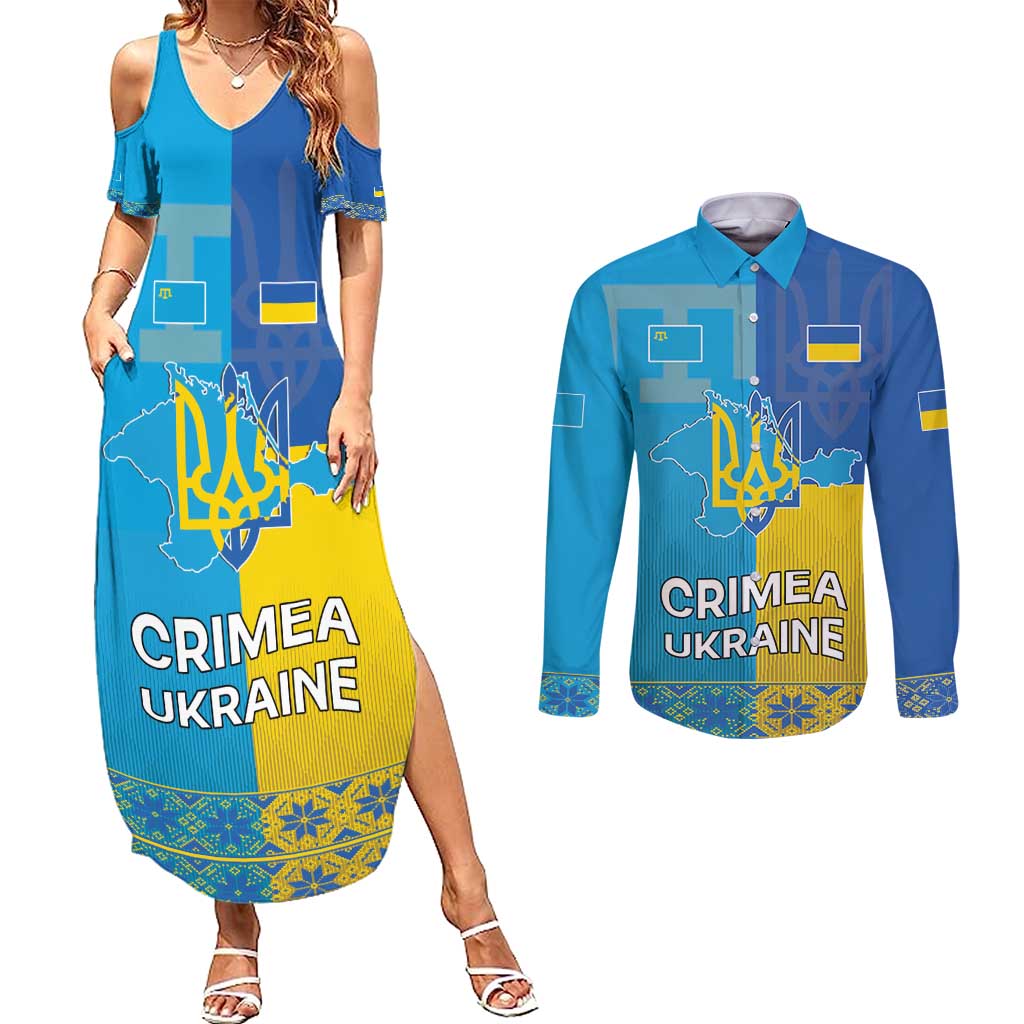 Personalized Crimean Tatar Flag Day Couples Matching Summer Maxi Dress and Long Sleeve Button Shirt Ukraine Crimea Map