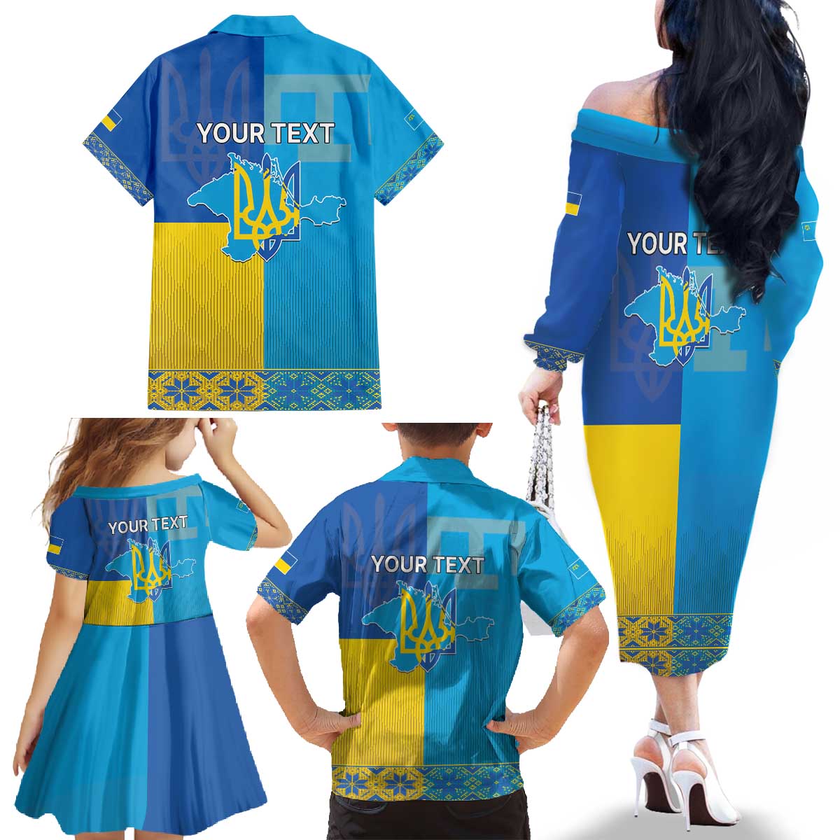 Personalized Crimean Tatar Flag Day Family Matching Off The Shoulder Long Sleeve Dress and Hawaiian Shirt Ukraine Crimea Map