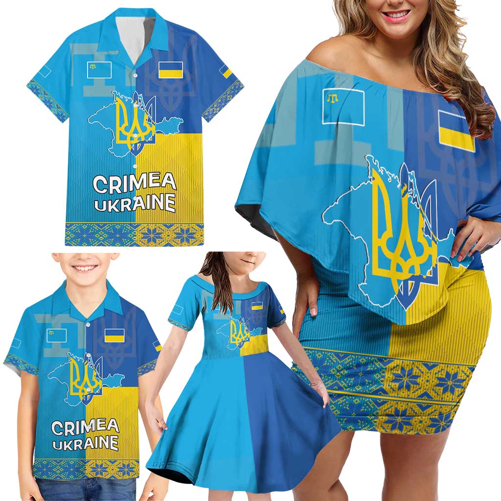 Personalized Crimean Tatar Flag Day Family Matching Off Shoulder Short Dress and Hawaiian Shirt Ukraine Crimea Map